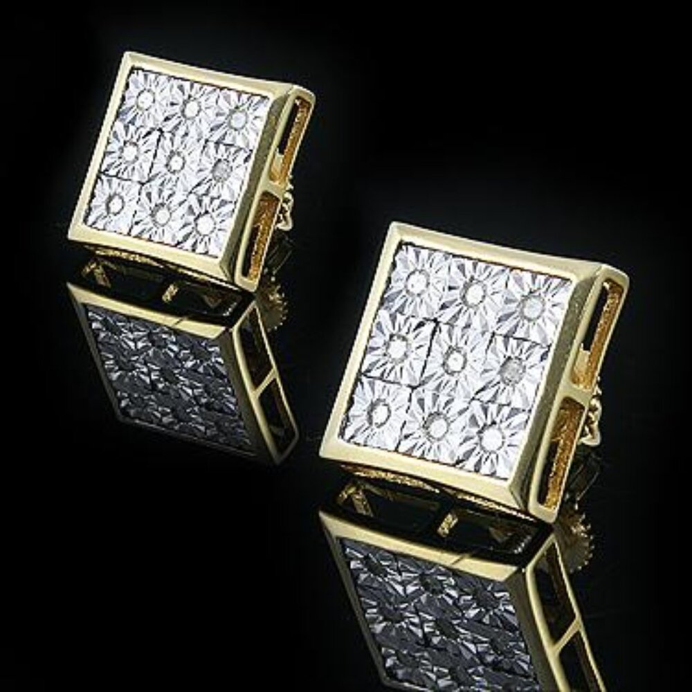 MENS 14K Yellow Gold Over Sterling Silver 1/3 CTW Diamond Designer Earrings